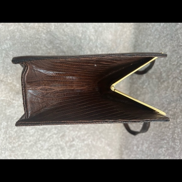 VINTAGE ESCORT BAG GENUINE LIZARD BROWN STRUCTURED FRAME HANDBAG SATCHEL VTG - Picture 14 of 16